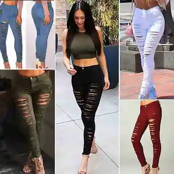 

Fashion Women Denim Skinny Ripped Pants High Waist Stretch Jeans Hole Slim Pencil Trousers