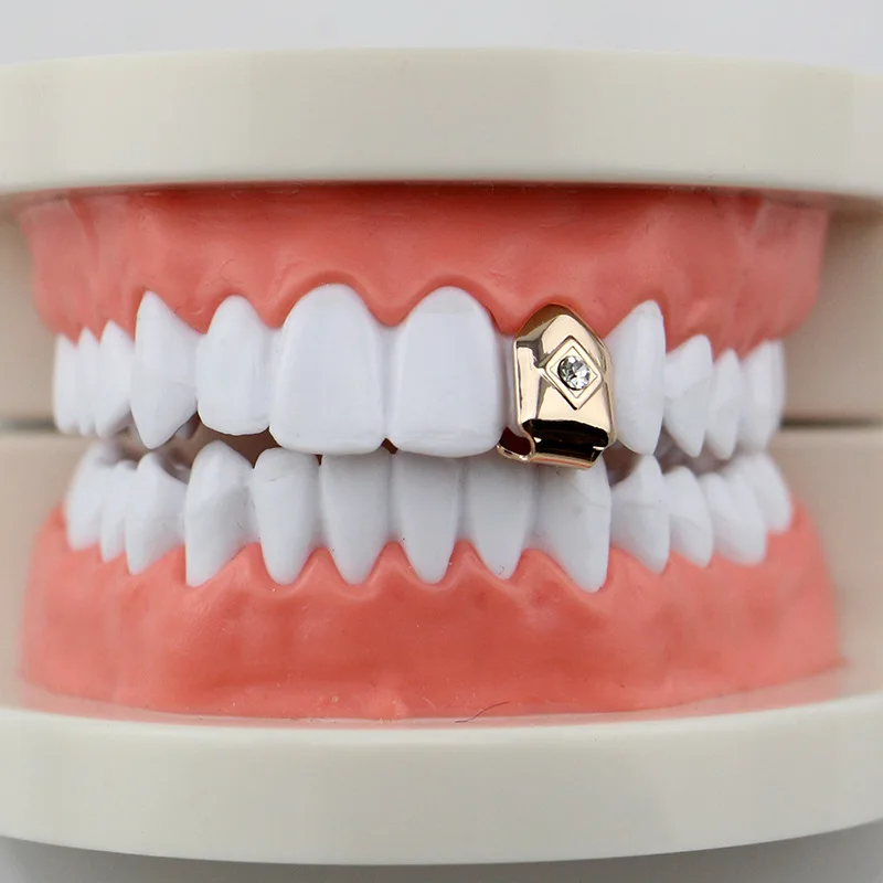 HIPHOP Single Teeth Grillz 4 Color Grillz With Clear Crystal Inlay  Hip Hop Jewelry for Men Body Joyeria Mouth Decoration (8)