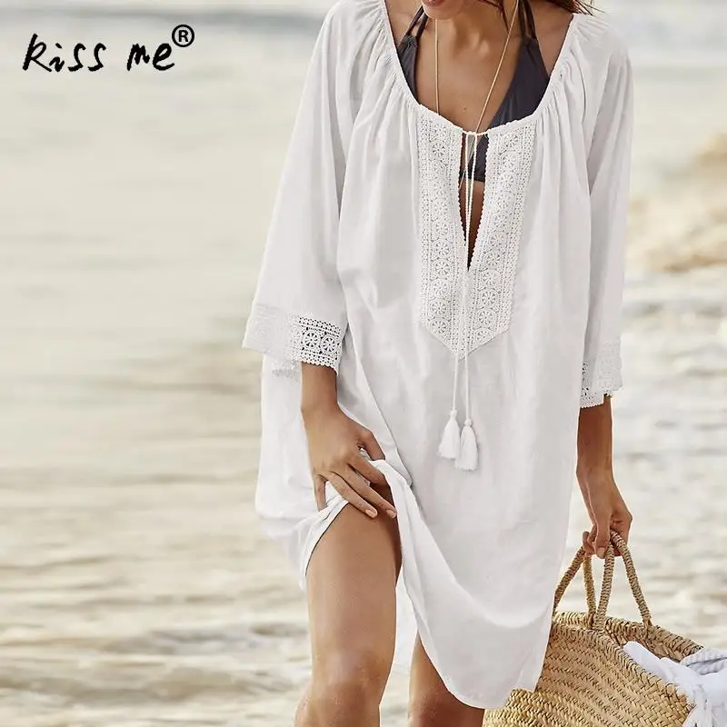 Vintage Drawstring Beach Dress with Tassels Loose Beach Cover Up Cotton
