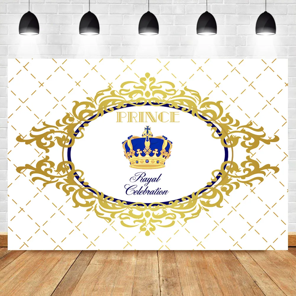 

NeoBack Royal Boy Baby Shower Background Photography Royal Celebration Prince Sapphire Crown White Plaid Photography Backdrops