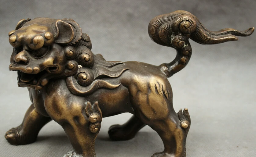

S2755 9" Chinese Pure Bronze FengShui Wealth Fu Dog Lion Head Statue PiXiu Sculpture D0318