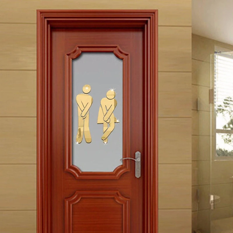 Toilet Room Sign Decorative Bathroom Sign For Hotel Bar Restaurant Mirror Wall 3D Removable Mirror Wall Stickers Creative Decals