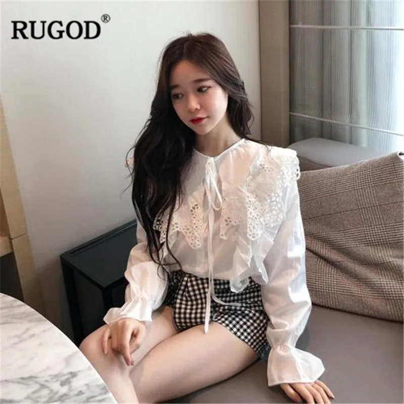 

RUGOD White Blouse Women Elegant Lace Patchwork Ruffle Shirt Blouse 2019 Casual Sweet Bow Tie Long Flare Sleeve Blusa Femme Tops