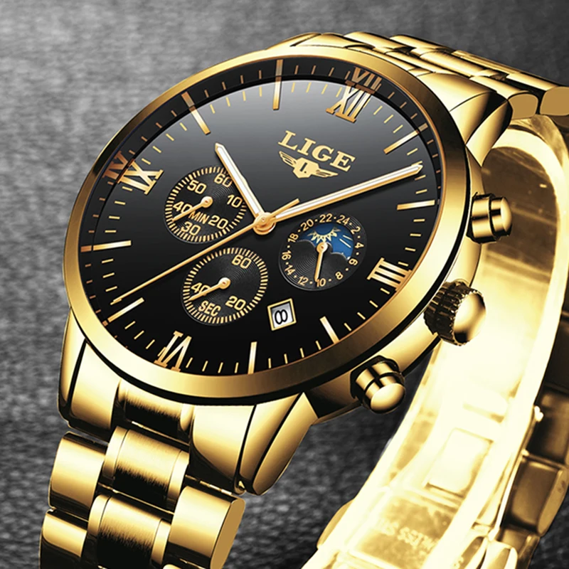 

Relogio Masculino LIGE Fashion Top Brand Luxury Gold Watches Men's Stainless Steel Waterproof Quartz Clock Male Military Watch