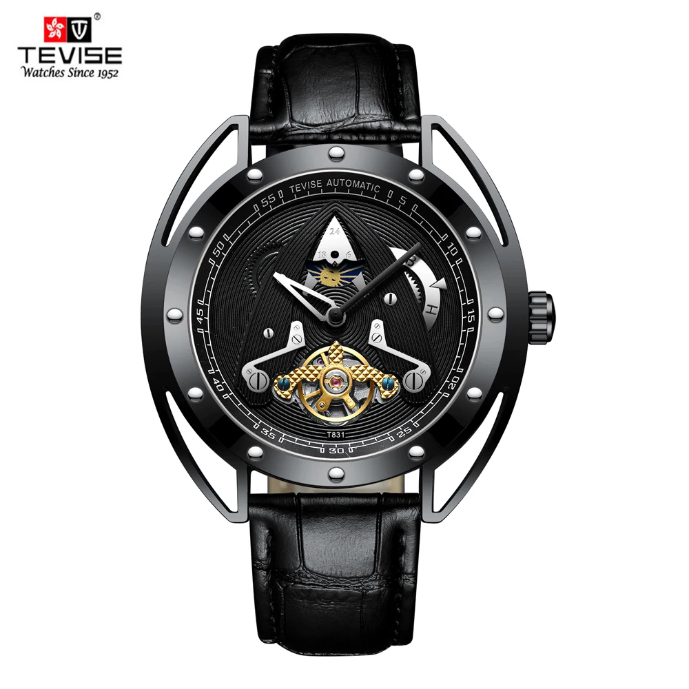 

TEVISE Men's Watch Automatic Mechanical Watch For Men Moon phase Relogio Masculino Tourbillon Man Clock Casual Leather Watches