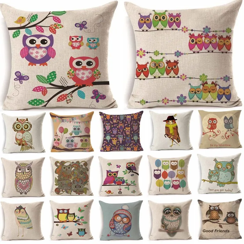 

45*45 cm Colorful Cute Owl Pattern Cotton Linen Throw Pillow Cushion Cover Car Home Sofa Decorative Pillowcase 40242