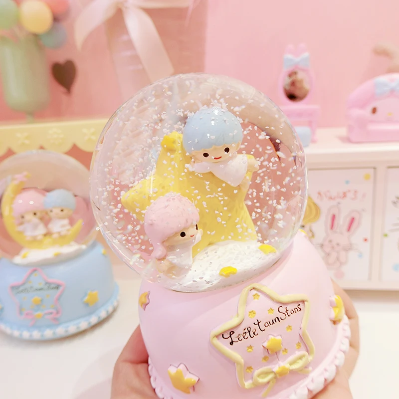 

Cartoon Japan little twin stars Music Box Rotating Crystal balls snowflake action figure doll music box girls gifts