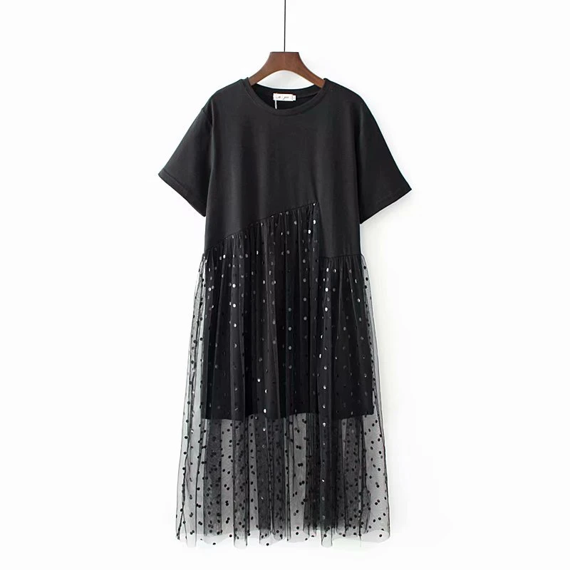 

Plus Size Shirt Dress With Mesh Polka Dot Black Casual Street Long Dresses