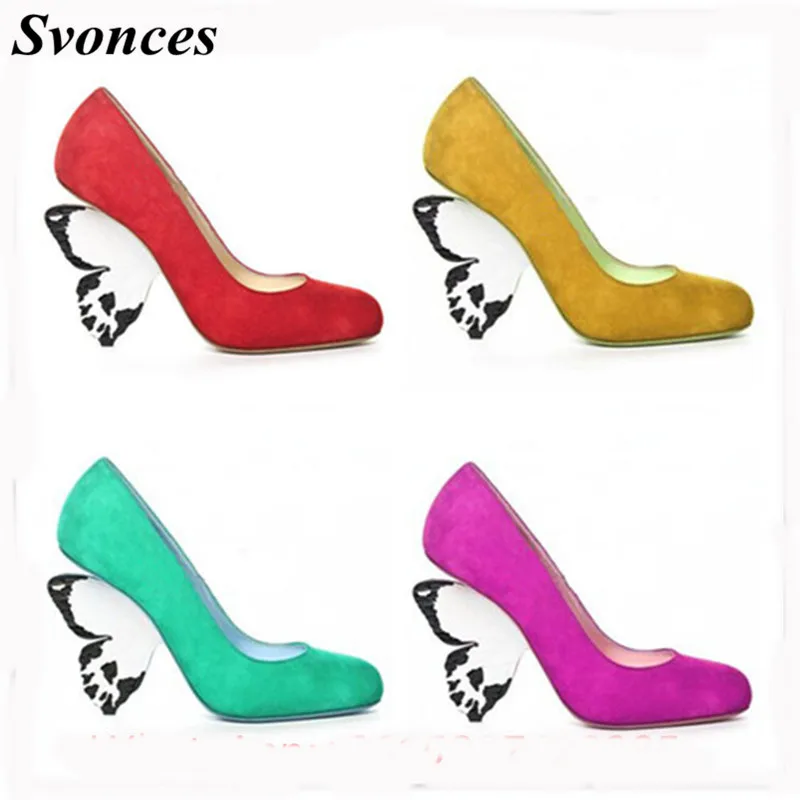 

2019 New Designer Women Pumps Strange Style Butterfly Heel Plus Size Wedding Shoes Multi Colors High Heels Suede Shoes Woman