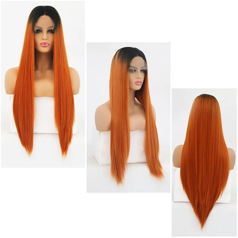 

Charisma Ombre Orange Glueless Heat Resistant Wigs 180% Density Synthetic Lace Front Wig with Black Roots Long Straight Wig