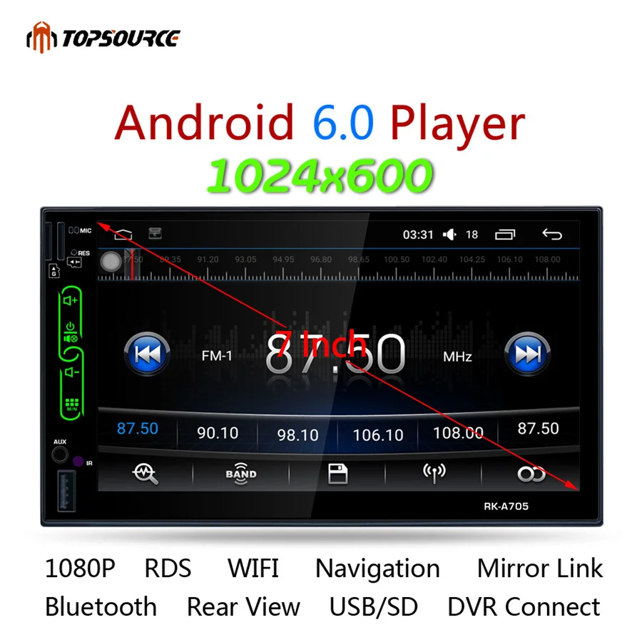 

TOPSOURCE Car Multimedia Player 7" FHD Capacitive Touch Screen 2 din android 6.0 Car Radio Media MP5 Player Built-in Wifi GPS