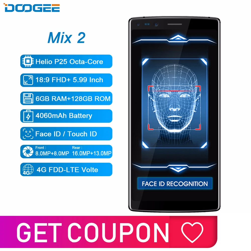 DOOGEE Mix 2 6 ГБ Оперативная память 128 Гб Встроенная память Android 7,1 4060 мАч 5,99 ''fhd+ Helio P25 восьмиядерный смартфон Quad Камера 16,0+ 13,0 Мп 8,0+ 8,0 Мп