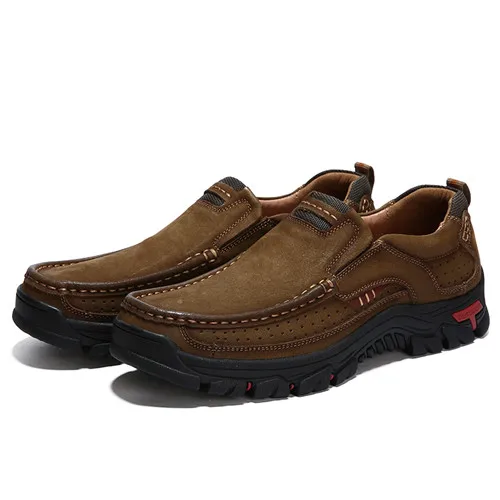 Обувь из натуральной кожи мужская повседневная обувь из коровьей кожи Мужская Уличная обувь высокого качества на плоской подошве без шнуровки, мужская обувь, размер 38-48 - Цвет: Khaki