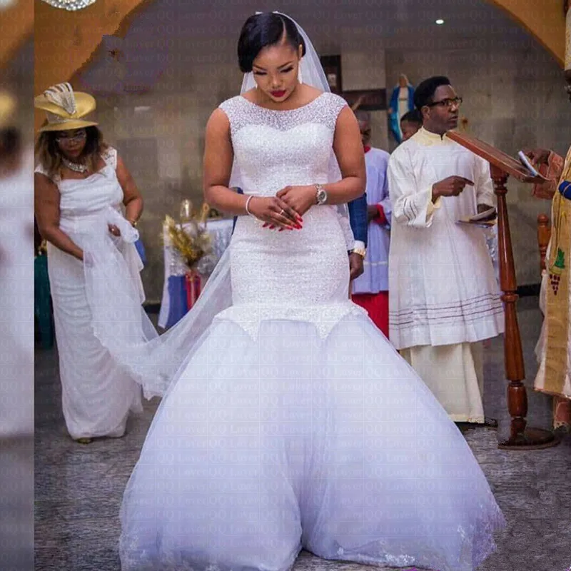 

Lakeydra Sequins Mermaid Wedding Dresses White Tulle Scalloped Neck with Applique Sleeveless Lace-up Back Plus Size Bridal Gowns