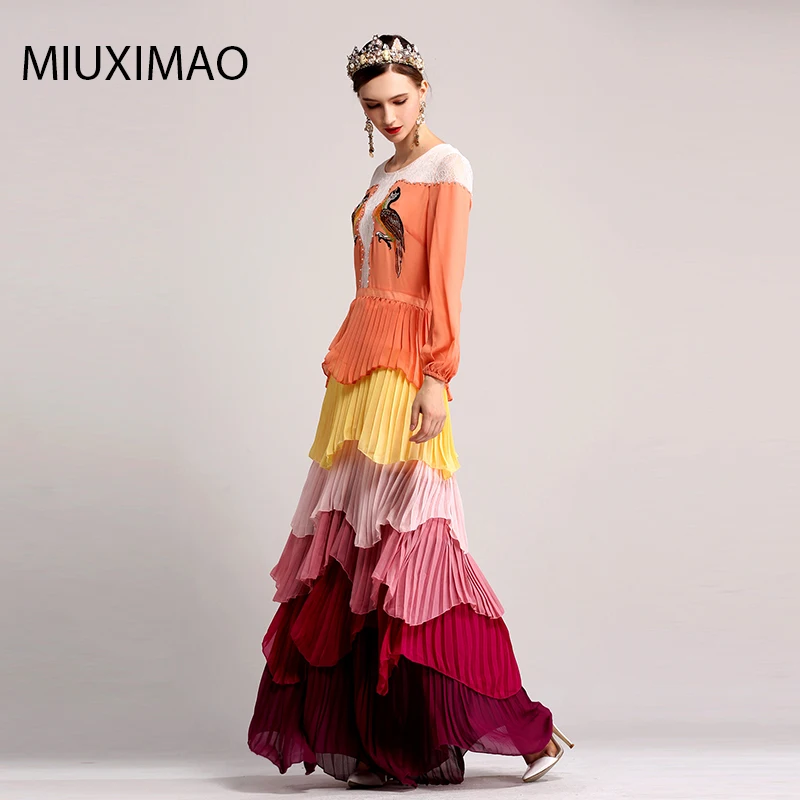 

2017 High Quality Spring&Fall Newest Cute Style Maxi Dress Full Sleeve Pot Rose Embroidery Elegant Long Ringed Dress Women