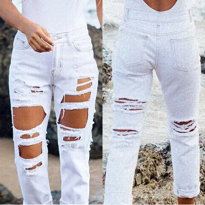Women Sexy White Destroyed Denim Pants Ripped High Waist Stretch Skinny Pencil Jeans Hole Button Zipper