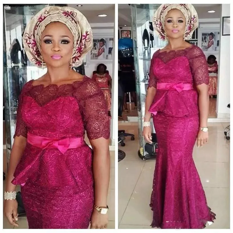 ASO EBI Fuchsia Mermaid Evening Dresses 2019 Short Sleeves Lace Peplum Prom Gowns With Sash Nigerian African Black Girls Party Dress  119