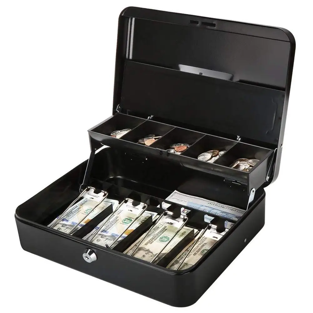 30cm*24cm*9cm Password Key Lock High-grade Metal Cashier Savings Box Cash Boxes - Цвет: Black Key open
