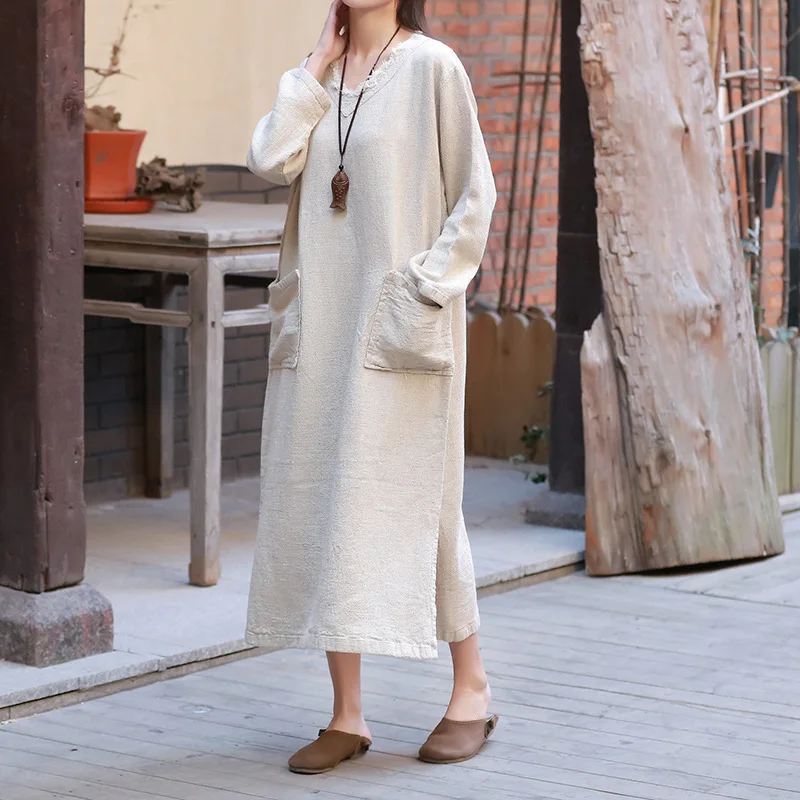 

Vintage Women Gown Cotton Linen Robes Spring New V-Neck Long Sleeve Pockets Plus Size Women Cloths Soft Gown