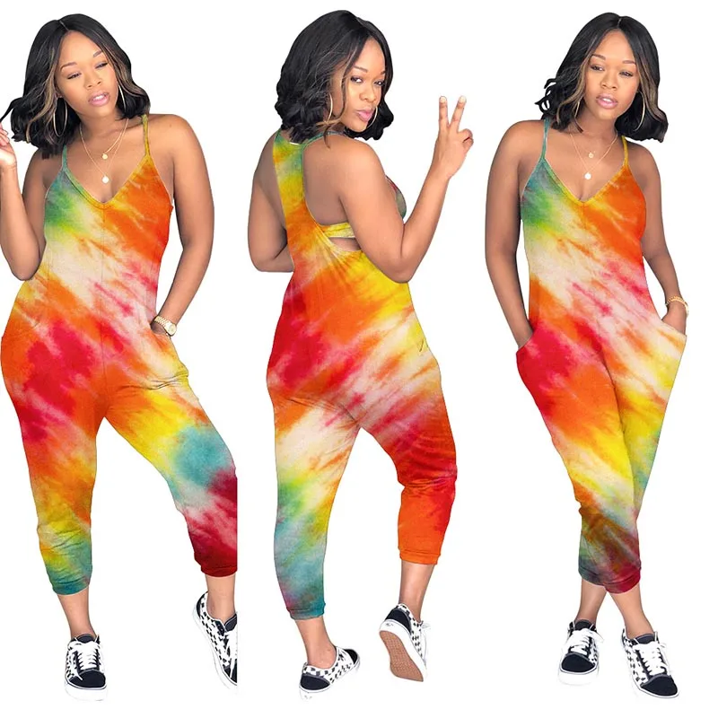 

Echoine Plus Size S-3XL Loose Print Jumpsuit Spaghetti Straps Sleeveless Rompers Womens Jumpsuit Women Clothes 2019