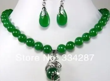 

Fashion Jewelry beautiful 10mm green jade earring dragon pendant Necklace set