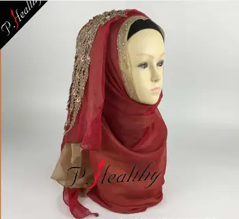 

Gorgeous Embroidered Diamond Wedding Hijabs Muslim Scarf Shawl Islam Female Headscarf Double-layer Double-color Bride hijab