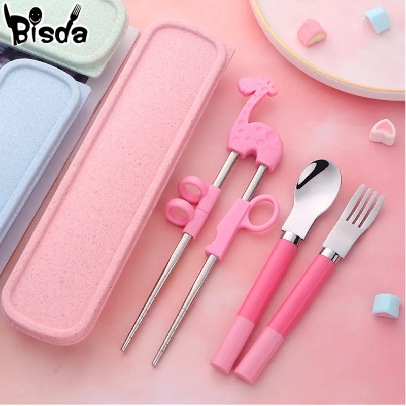 

Children Fork Spoon Chopsticks Set with Box 4Pcs Dinnerware Kids Learning chopsticks Portable Training Stainless Steel Tableware