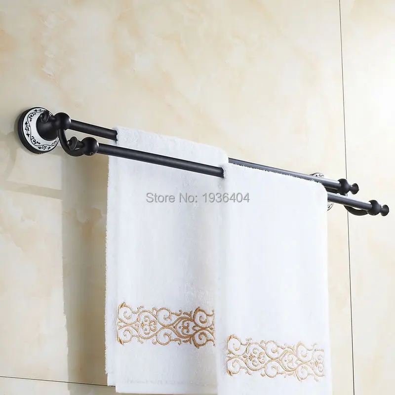 Double Black Bronze Towel Bar Romantic Porcelain Bathroom Towel Rack