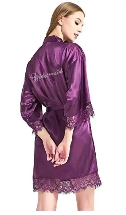Satin Faux Silk Wedding Bride Bridesmaid Robes,White Bridal Dressing Gown/ Kimono Bathrobes,"BRIDE""BRIDE MAID" Graphic on Back