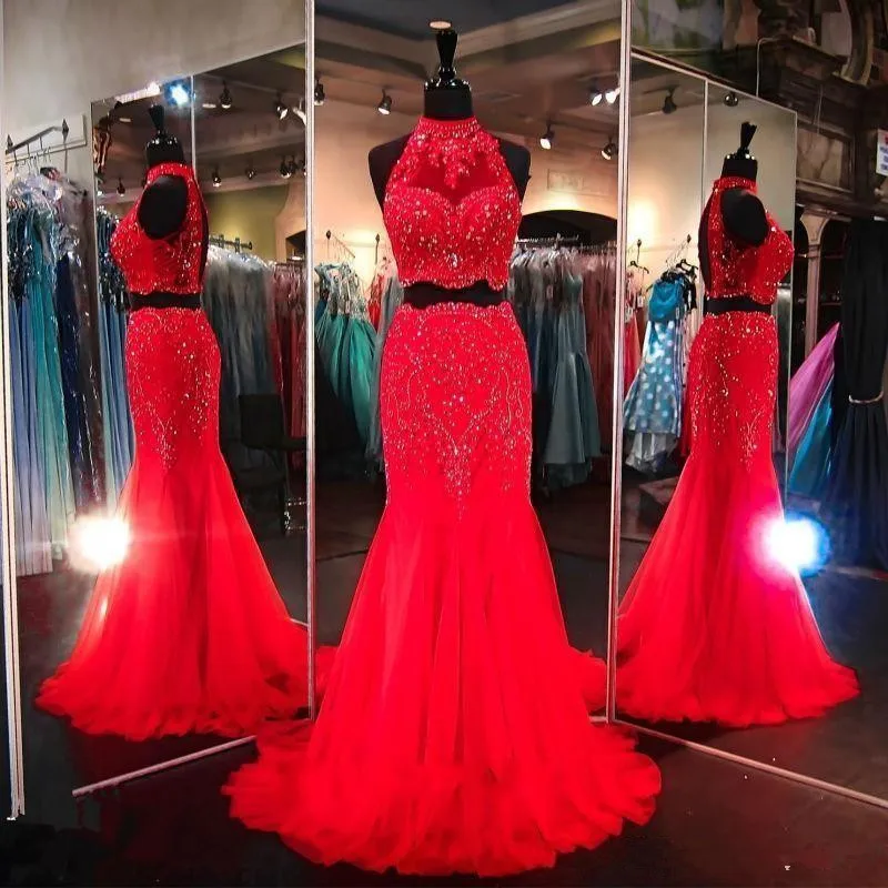 

Prom Dresses 2019 High Neck Red Royal Blue Crystal Rhinestones Illusion Hollow Back Two Piece Long Mermaid Party Evening dress