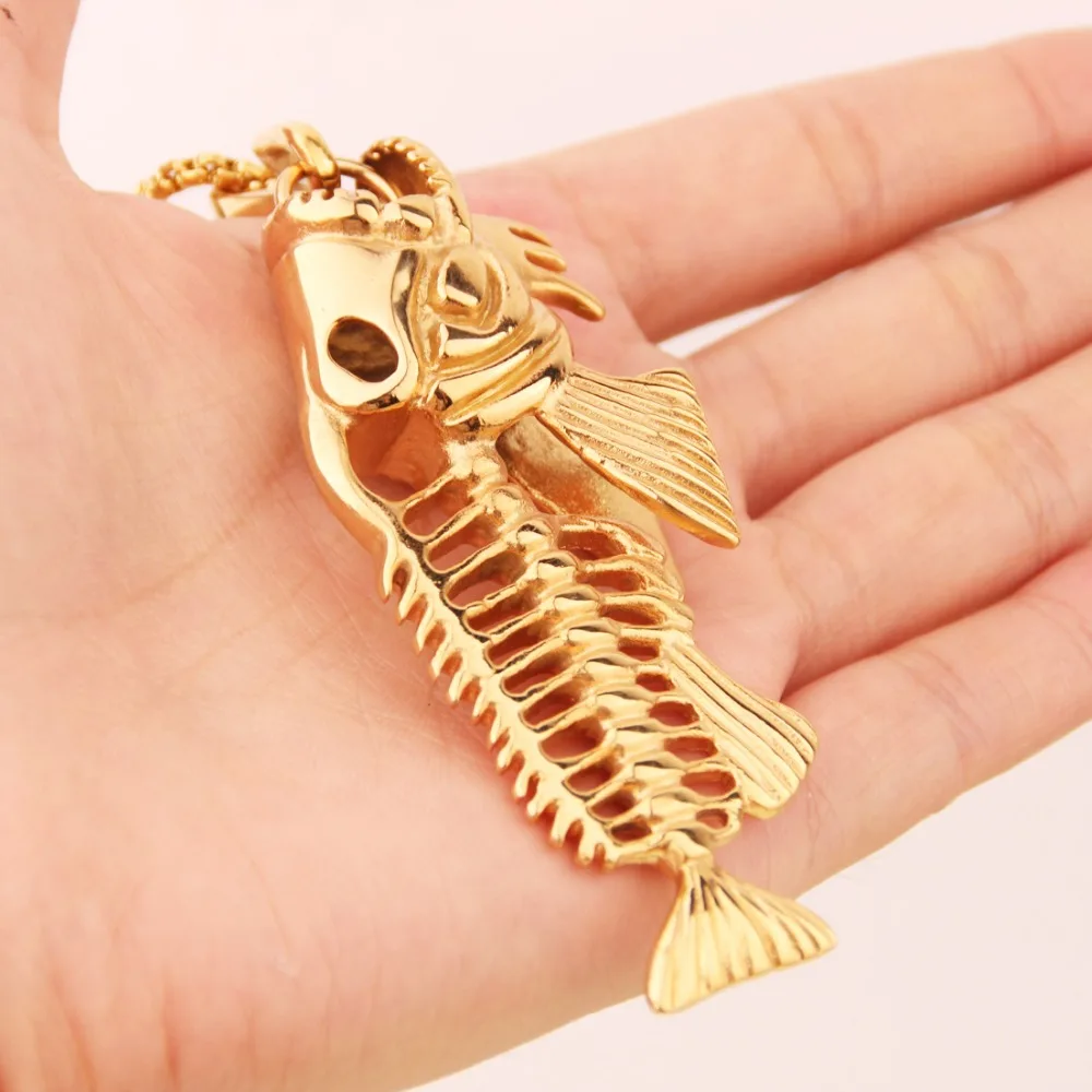 

Newest Gold Color Hollow Fish Bone Skeleton Pendant Necklace Punk Style Mens Stainless Steel Wholesale Jewelry Box Chain Choker
