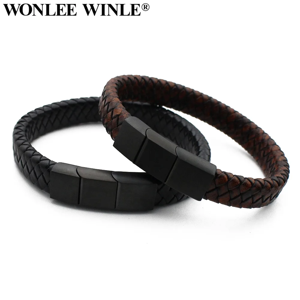 

Wonlee Winle 12mm Wide Braided Genuine Leather Men Bracelets Titanium Stainless steel Black Magnet Clasp Cuff Bangles