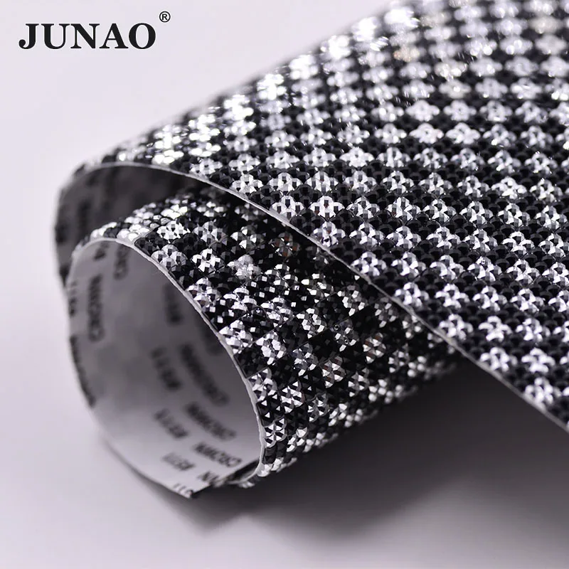 

JUNAO 24x40cm Black Silver Self Adhesive Crystal Mesh Rhinestones Fabric Trim Square Crystals Sheet Glue On Resin Strass Rolls