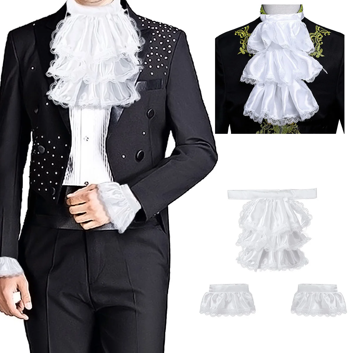 Adults Mens Victorian Lace Jabot and Cuffs for Kids Detachable Collar Stage Party Colonial Pirate Steampunk Costume Accessory