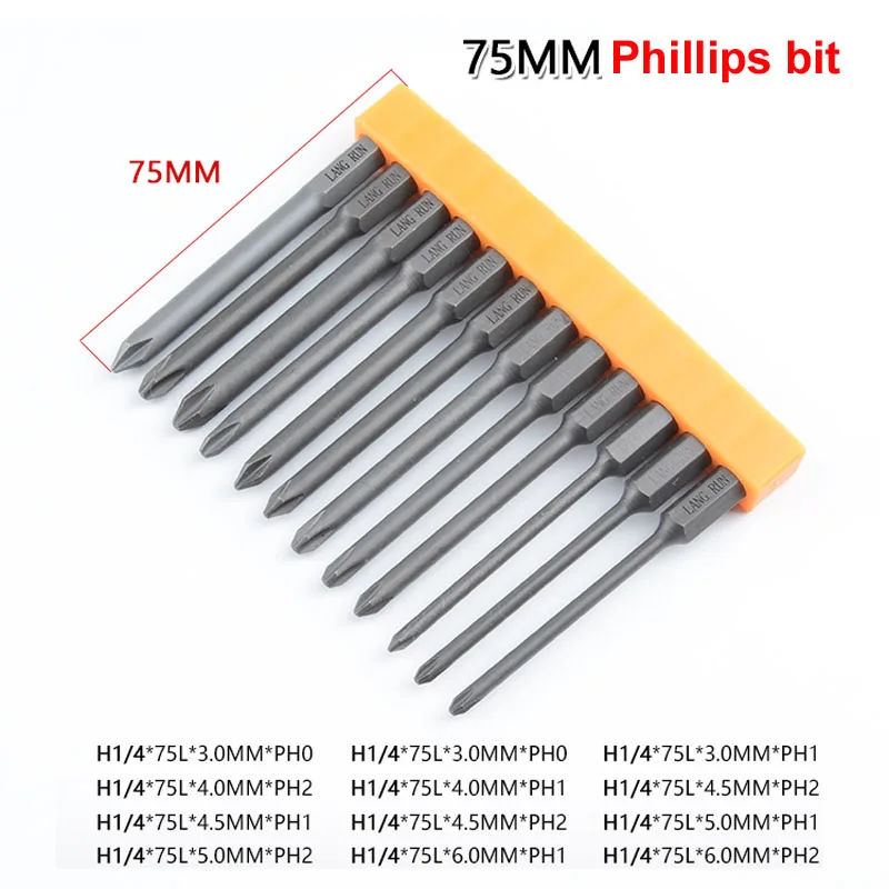 

12pcs 75mm Long 1/4 Inch 6.35mm Hex Shank Magnetic Head Cross Screwdriver Bits Set Hardened S2 alloy steel Phillips PH0 PH1 PH2