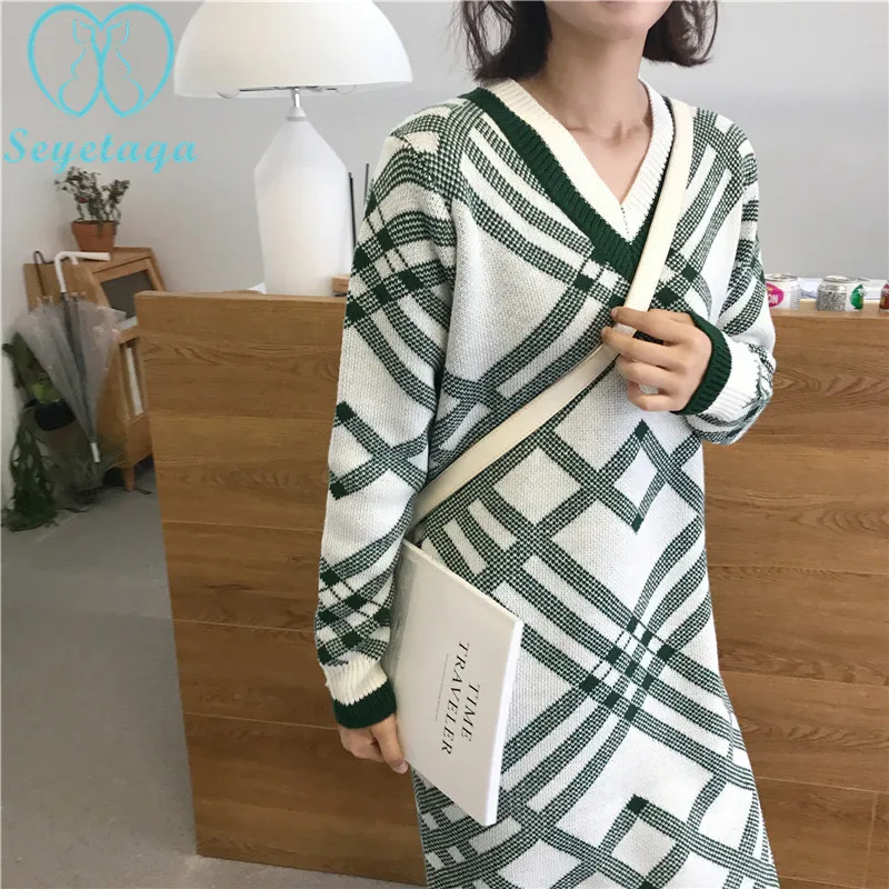 

630# V Neck Plaid Maternity Long Sweaters Dress Autumn Winter Fashion Pullovers Clothes for Pregnant Women Pregnancy Clothing