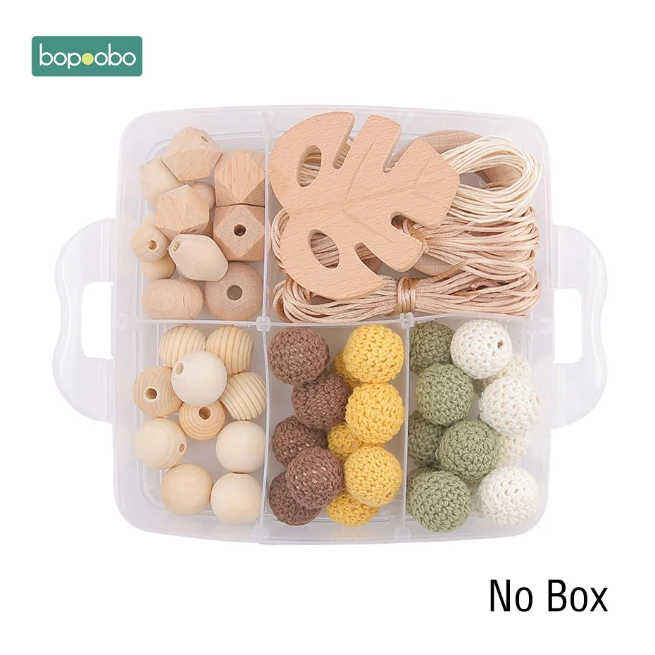 Bopoobo 1Set Baby Teether DIY Silicone Beads Pacifier Clip Chain Baby Mobile Wool ball BPA Free Wooden Crochet Beads Teether - Цвет: Brown Leaf Set-1