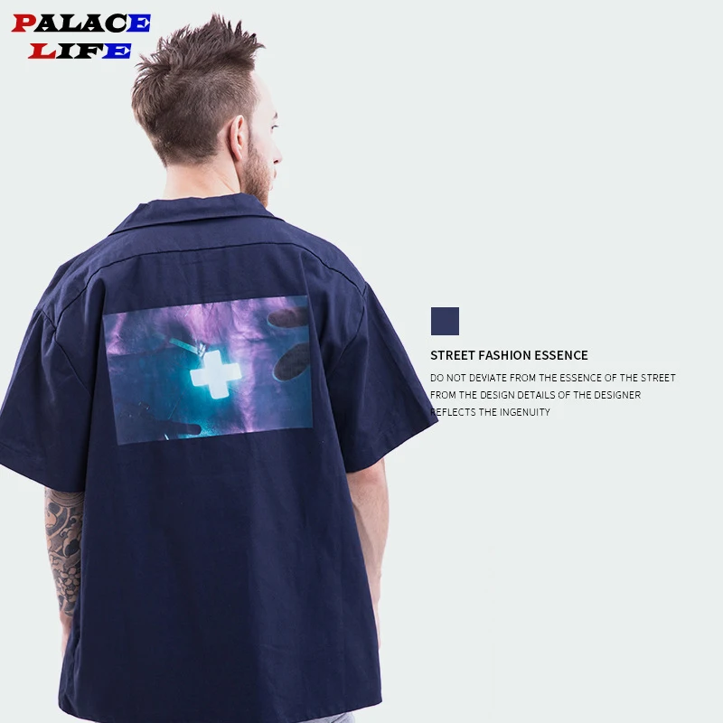 

Fashion Reflective back Cargo Shirt Men 2019 Summer Short Sleeve Hip Hop Streetwear men shirt Retro Printing Chemise Homme S-XL