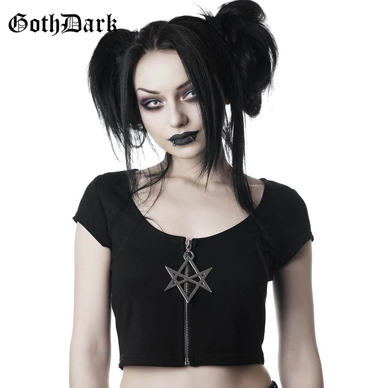 Женский короткий топ на молнии Goth Dark, готическая черная футболка до пупка, винтажный сексуальный топ с пентаграммой, на лето