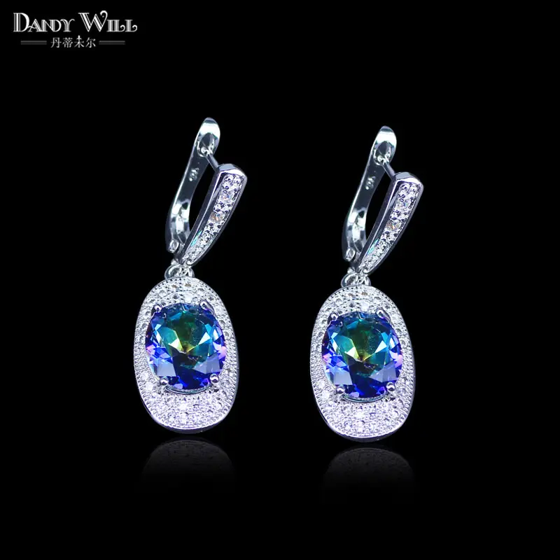 

Stunning Silver Color Oval Shape Rainbow Fire Light Blue Crystal Dangle Earring For Women E02032.1