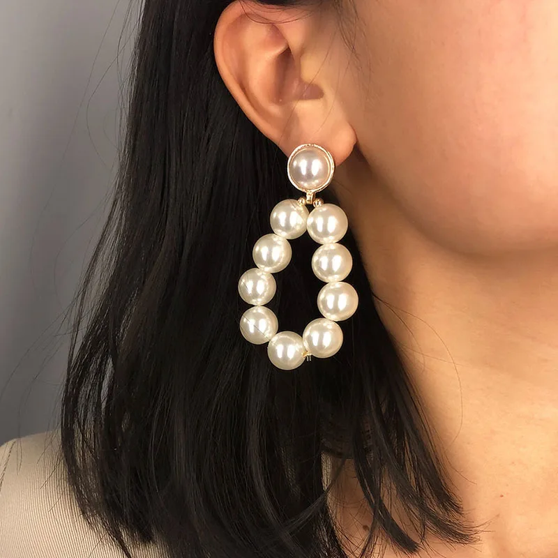 Temperament Exaggerated Handmade Simulated Pearl Geometric Dangle Earrings Women Elegant Korean Fashion Jewelry XR2052 | Украшения и