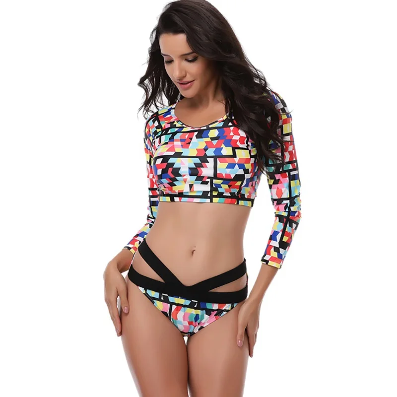 

2018 New Arrival Women Bikini Set Long Sleeve Swimsuit Swimwear Printed Bikini Set Female Rash Guards Swimming Suit