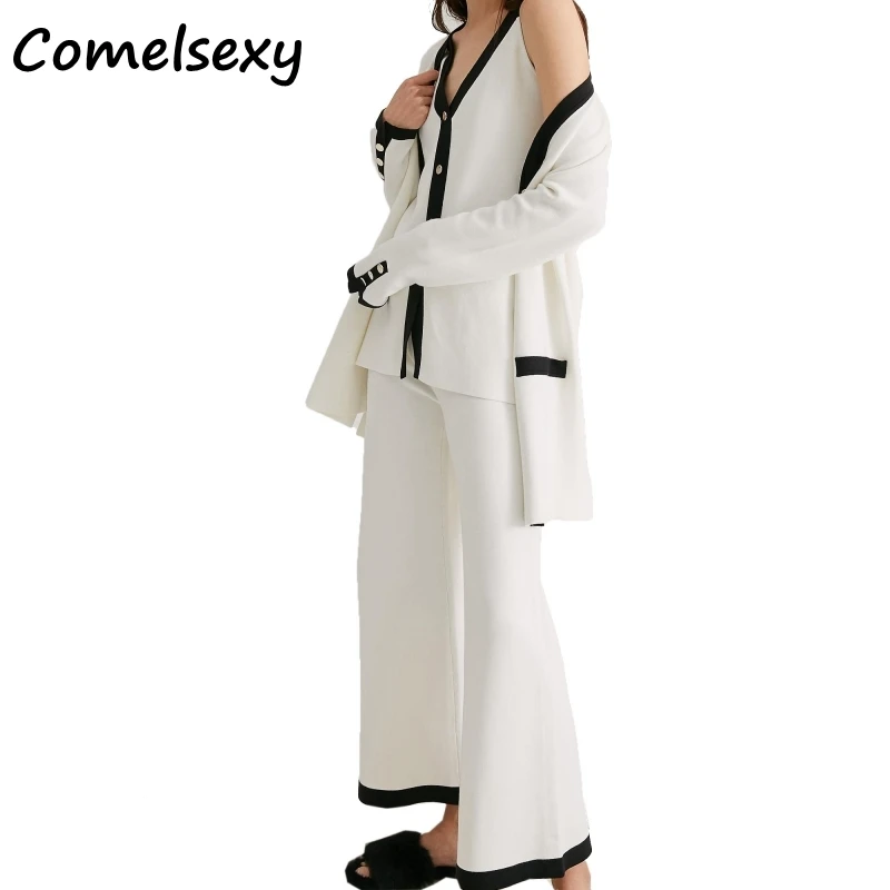 

Runway Designer Women Tracksuit 3pc Set Spring White Hit Color Knitted Cardigan Coat +v Neck Vest + Wide Leg Trousers Pant Suits