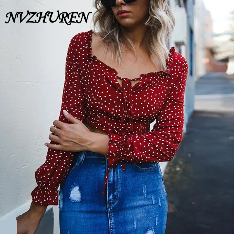 NVZHUREN Long Sleeve Casual Women Blouse Shirt Square Collar Short Feminine Dot Print Lace Up Ladies blusas |