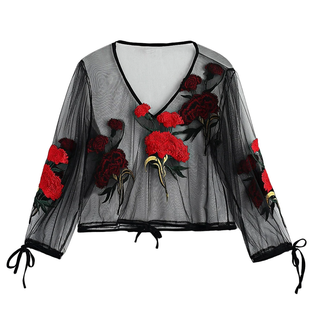 

Black Plus Size Blouse Drawstring Gauze Embroidered Transparent Sexy Mesh Female Blouse Spring Autumn Long Sleeve Tops Blouse