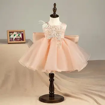 

2019 New Kids Girl Bow Birthday Party Prom Ball Gown Children Lace Appliques Princess Dress Baby Girl Pearls Mesh Vestido Q605