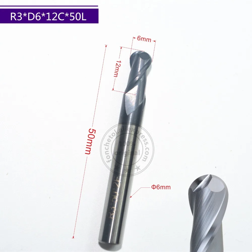 

D6*R3*12C*50L-1PCS,Freeshipping HRC45 2 Flute ball nose CNC solid carbide end mill,Tungsten steel Tialn Coating milling cutter