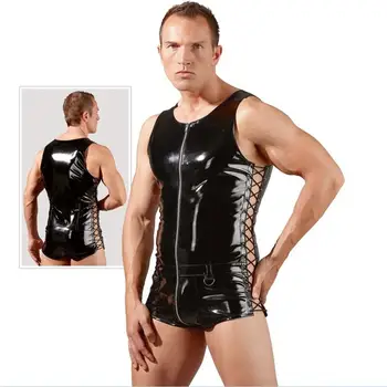 

2017 Men Zipper Open Tank Leather Bodysuit Exotic Apparel bondage jumpsuit romper Teddy catsuit costume