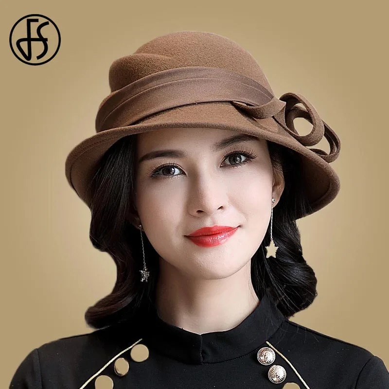 FS Elegant Wool Felt Hats Women Black Fedora Fashion Wide Brimmed