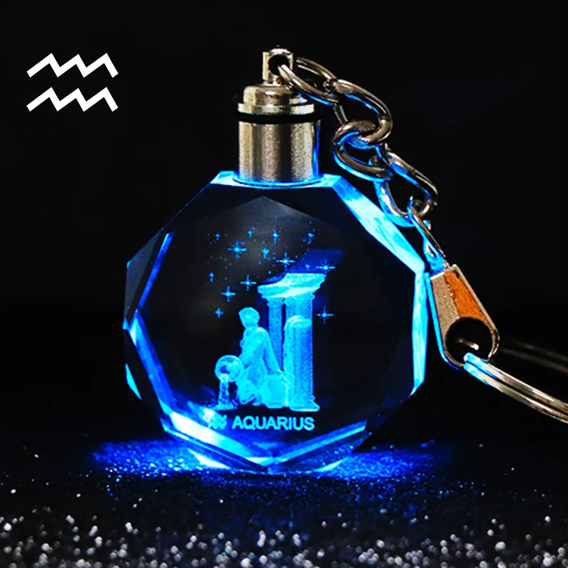Aquarius Кристалл Знак зодиака 12 Созвездие брелок 3D звезда знак Женские аксессуары светодиодная подсветка брелок Зодиак Близнецы подарок на день рождения - Цвет: Aquarius